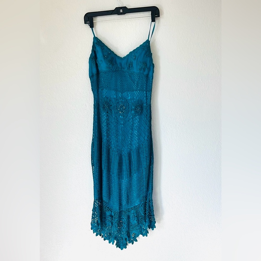 Lovely Blue Green Slip Crochet Dress with Bead Details